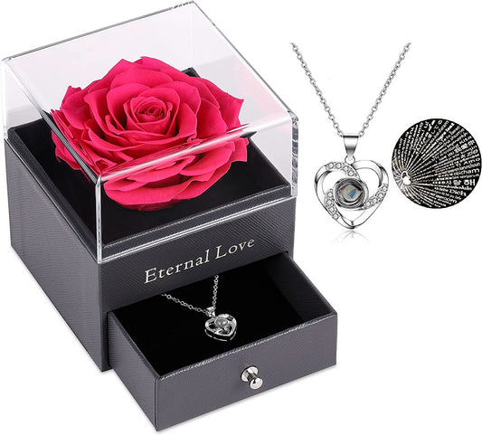 Mothers Day Flower Gifts for Her, Preserved Real Flower Rose with Silver-Tone Heart Necklace I Love You in 100 Languages Gift Set, Enchanted Flower Rose Gifts, Hot Pink